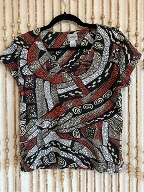 Chico's Black, Red & White Abstract Scoop Neck Top
